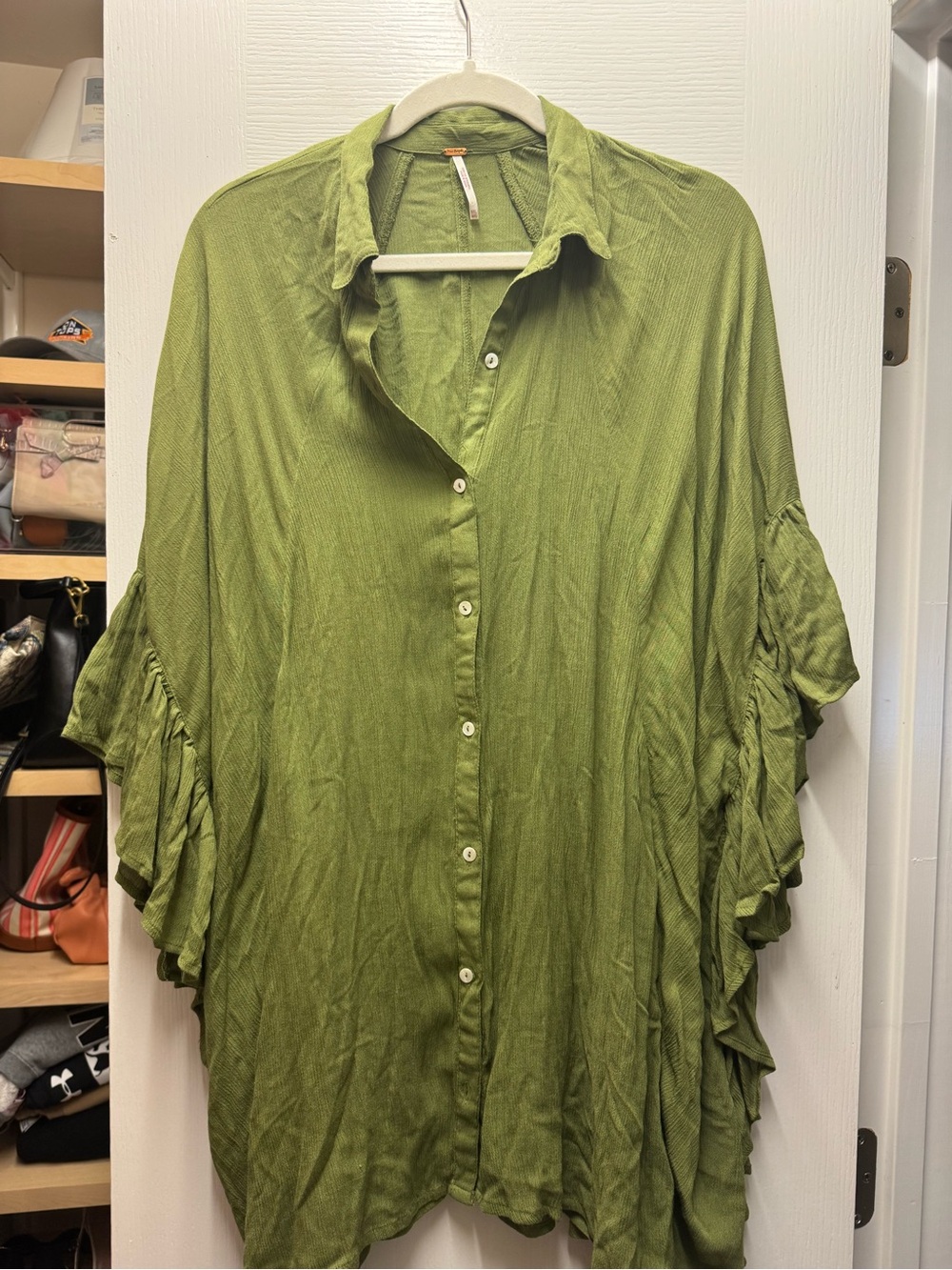 Free People Olive Green Ruffle Sleeve Button-Down Top